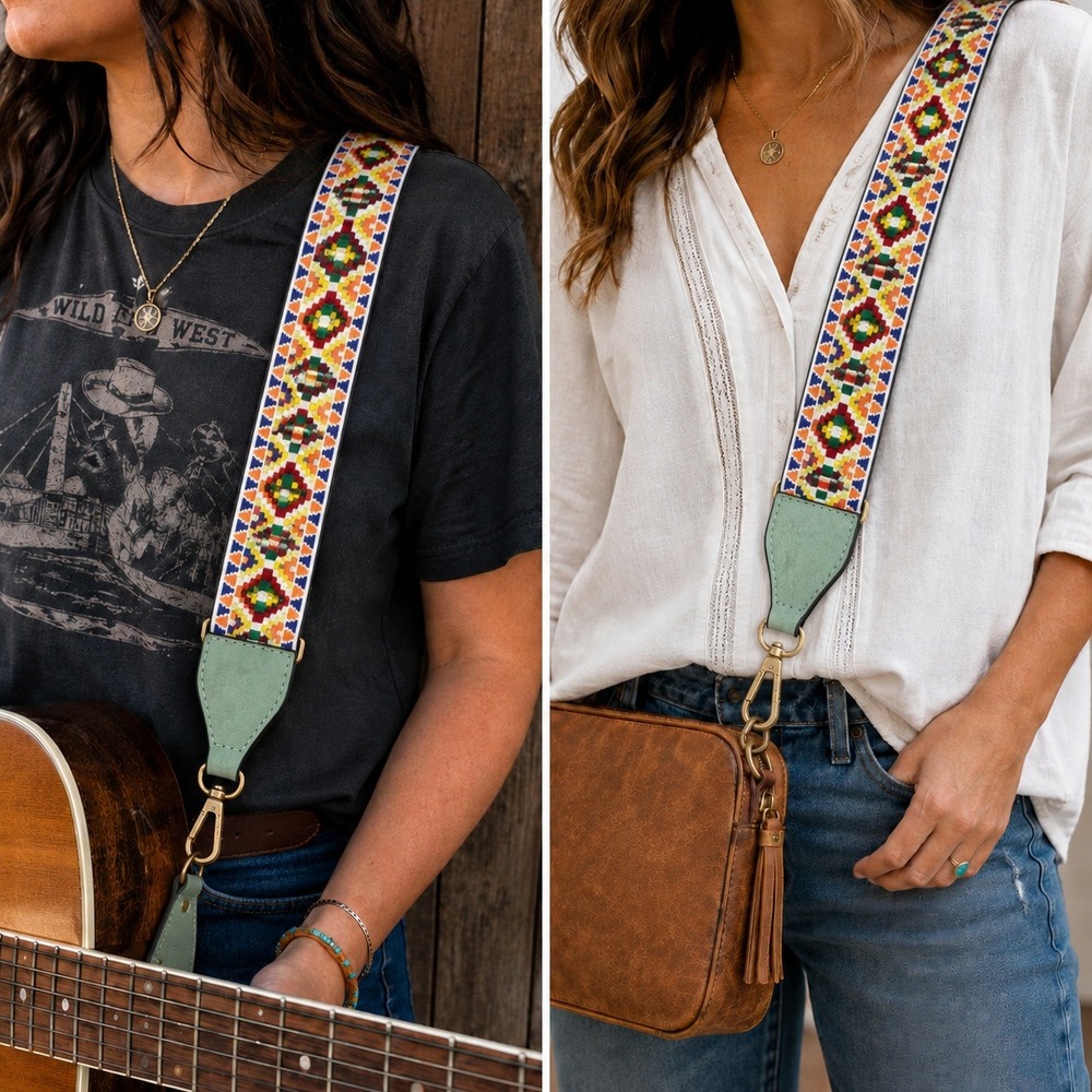 Embroidered Guitar Bag Strap Multi Color Geometric Boho Crossbody Replacement